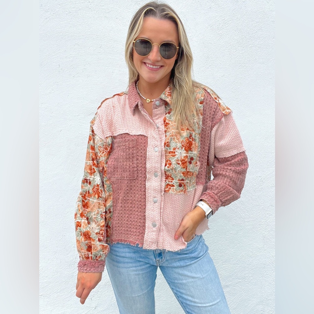 POL coral vintage washed embroidery floral lace twill coat tunic jacket… - Picture 4 of 13